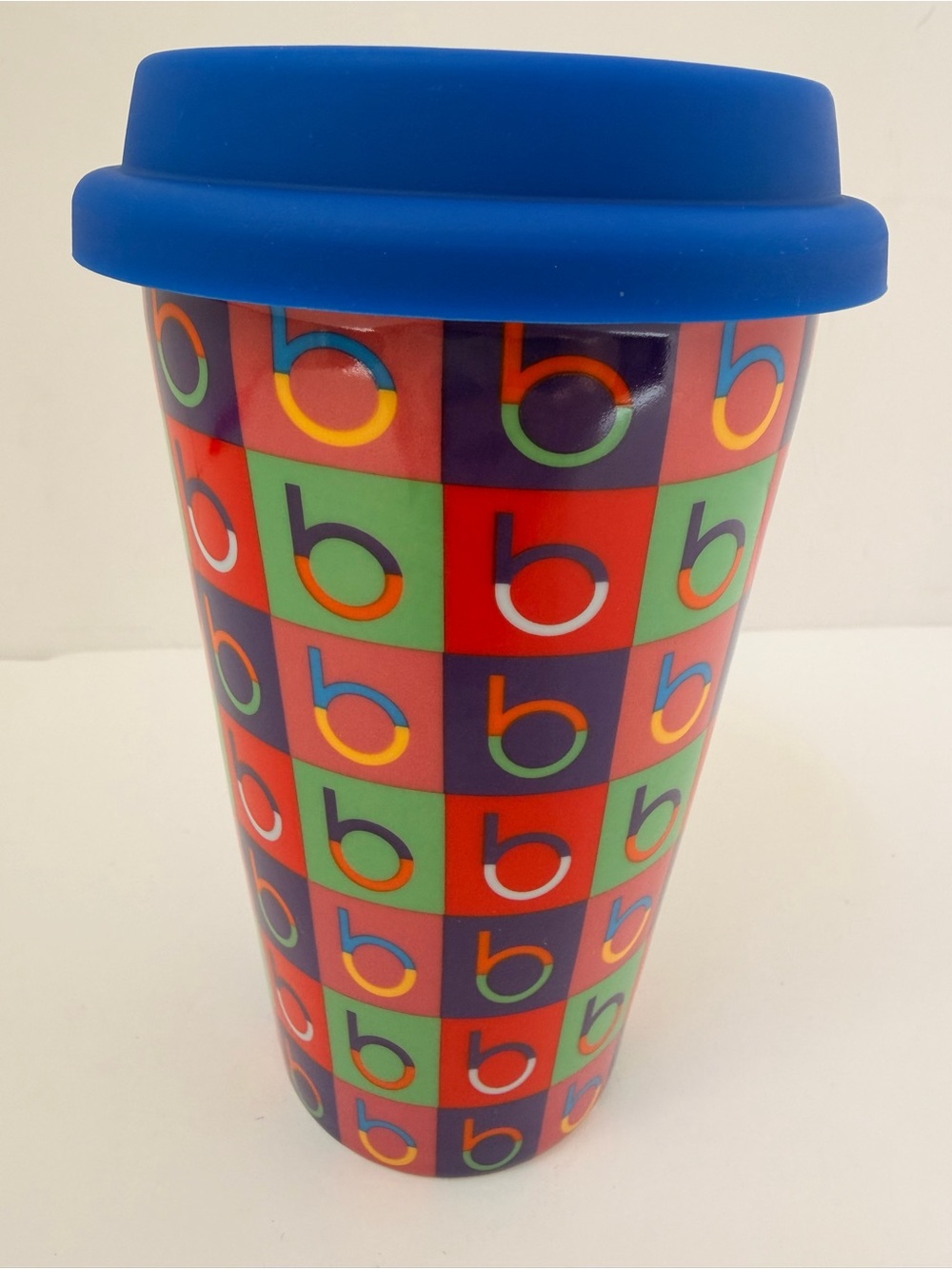Bloomingdale's Multicolor Checker 'b' Logo Travel Mug with Blue Lid - Picture 2 of 8